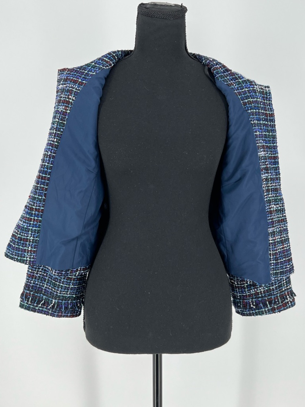 Karl Lagerfeld Paris blue tweed open-front blazer collarless W/fringe trim - Picture 6 of 10